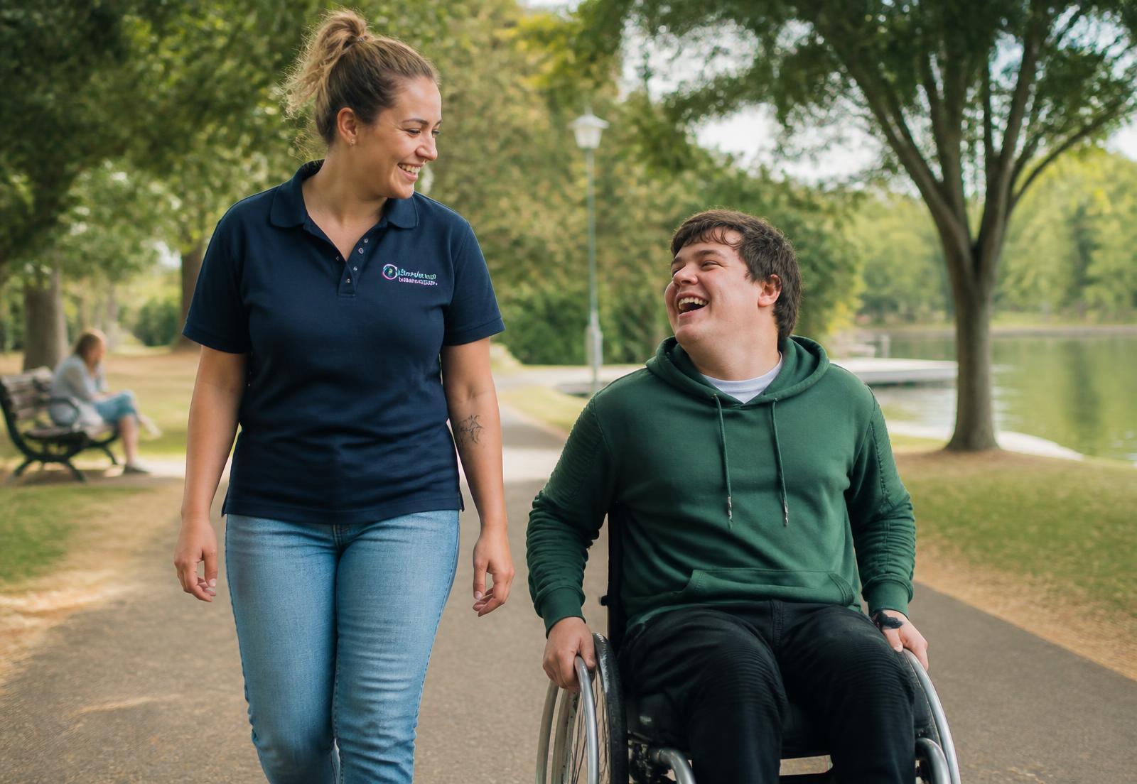 A support worker and a young man in a wheelchair laughing together in a park